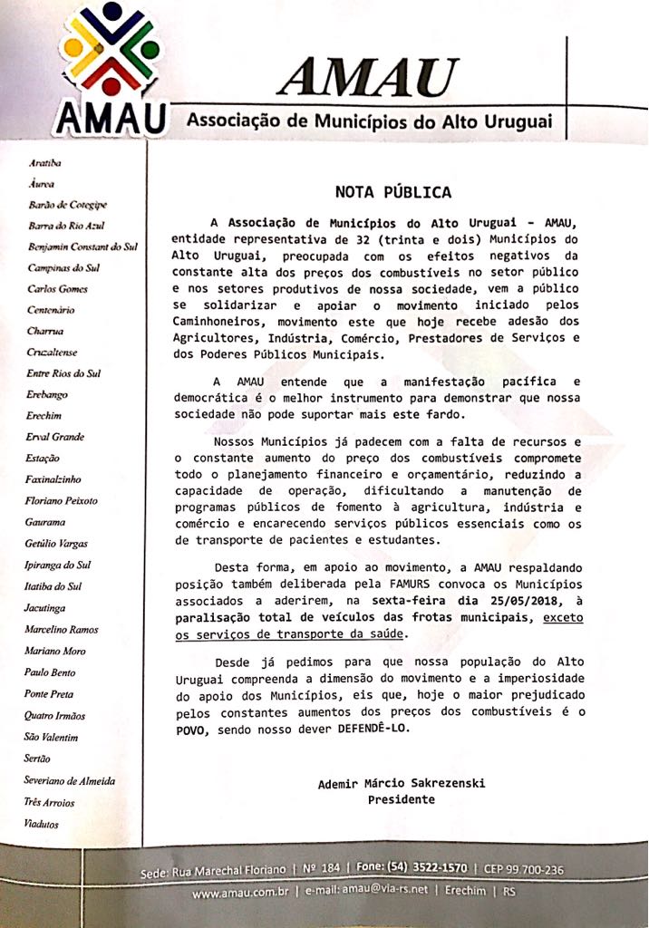 Leia mais sobre o artigo AMAU APOIA MOVIMENTO INICIADO PELOS CAMINHONEIROS